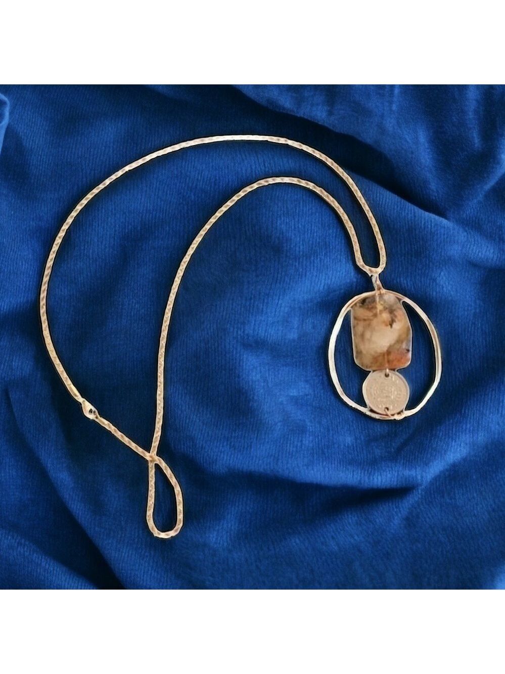 HANDMADE Stone & Coin Pendant Necklace with 30 Inch Gold Tone Chain